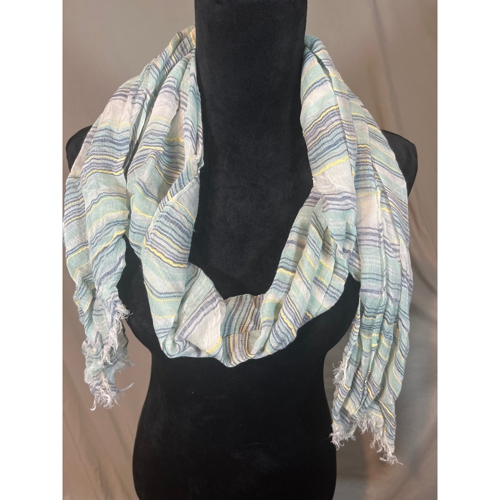 Unbranded Women Striped Lightweight Scarf Green Blue Yellow Metallic Frayed Edge